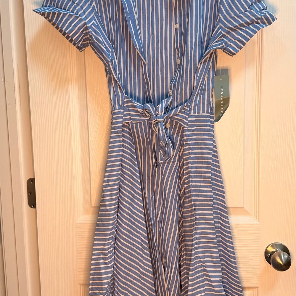 London Times Blue and White Striped Tie-Waist Midi Dress